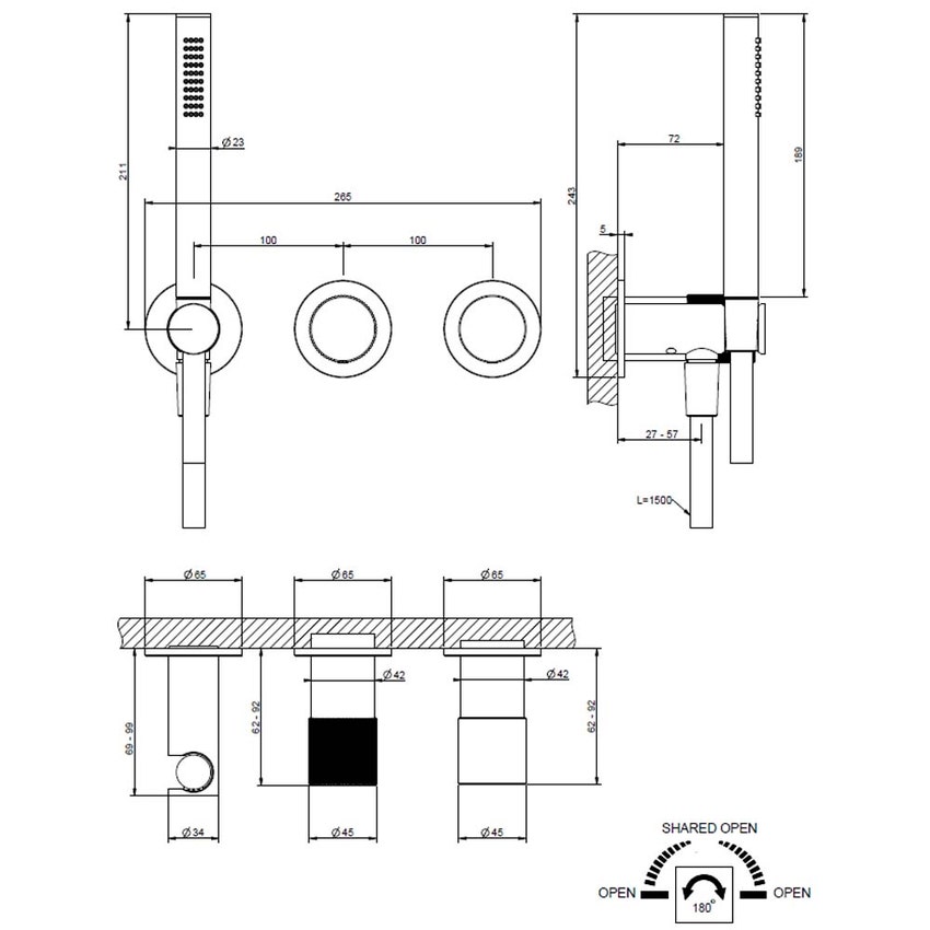 Immagine di Gessi HABITO RIGATO miscelatore doccia a parete due vie con deviatore, presa acqua, supporto doccetta e doccetta, finitura cromo 70538#031