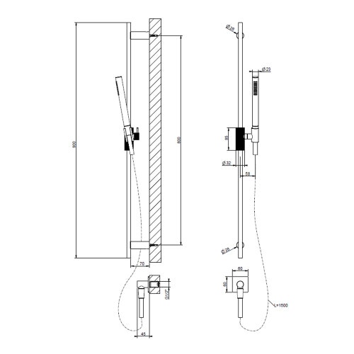 Immagine di Gessi INVERSO DIAMANTATO asta saliscendi con presa acqua, doccetta anticalcare e flessibile 150 cm, finitura cromo 73641#031