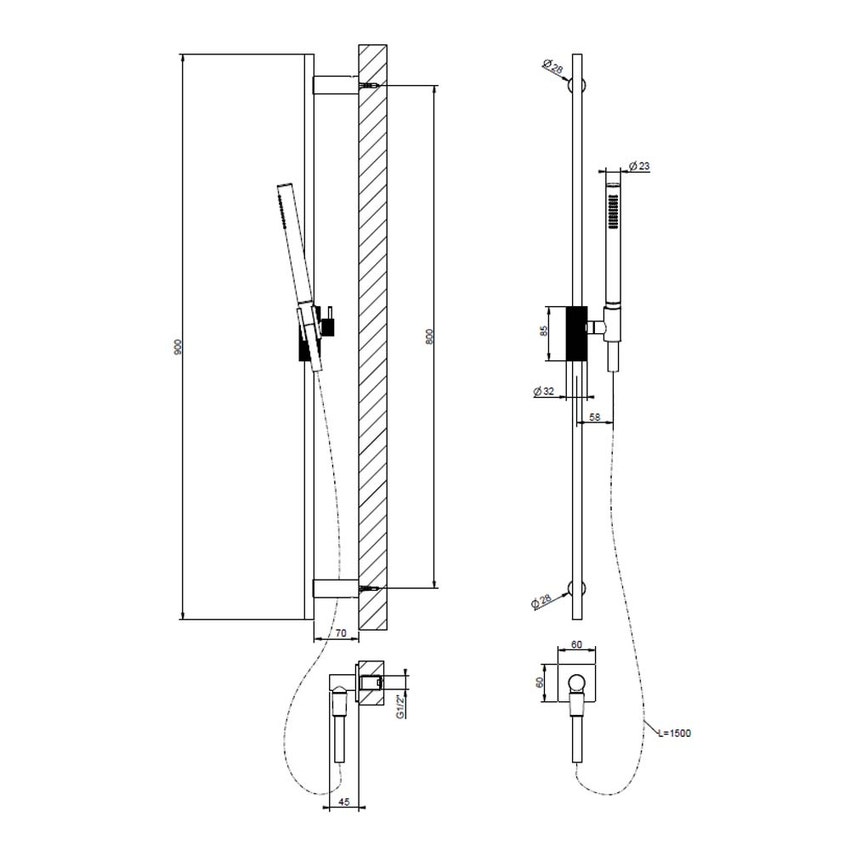Immagine di Gessi INVERSO DIAMANTATO asta saliscendi con presa acqua, doccetta anticalcare e flessibile 150 cm, finitura cromo 73641#031