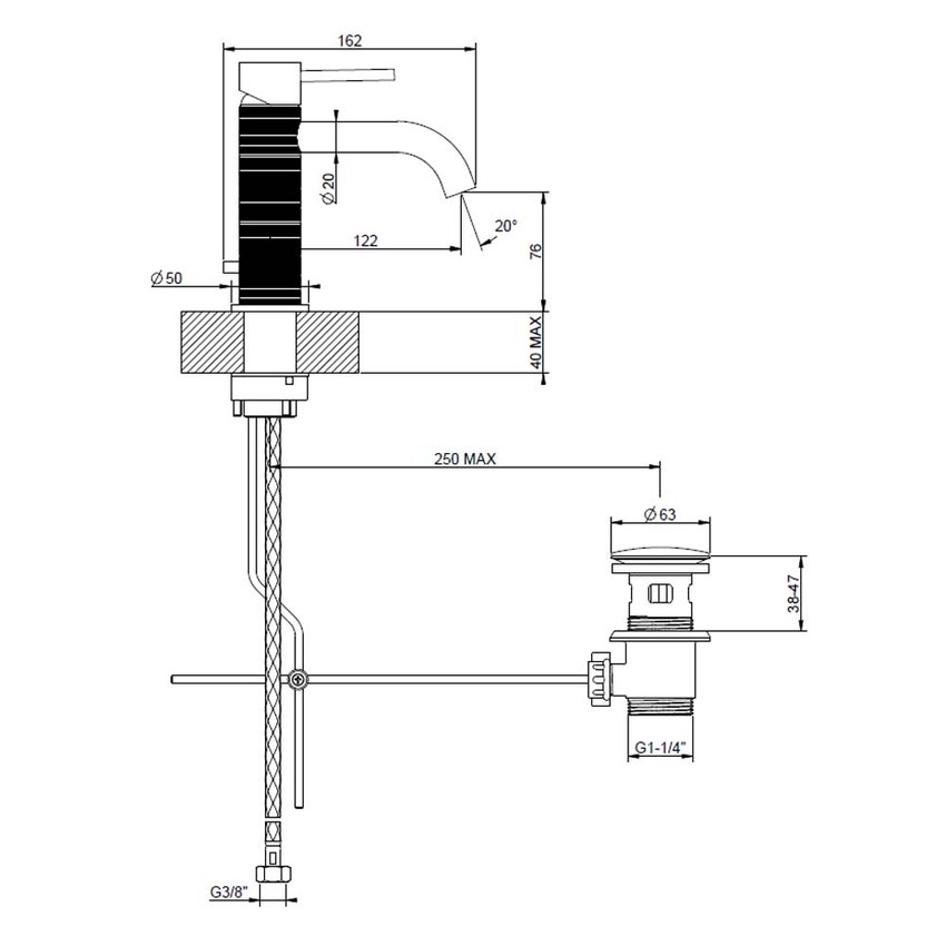 Immagine di Gessi 316 TRAME miscelatore lavabo, con scarico e flessibili di collegamento, finitura steel brushed 54301#239