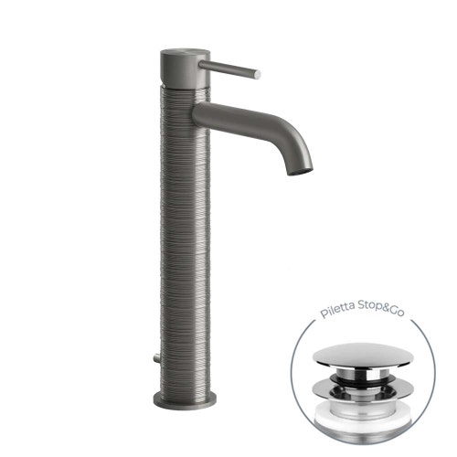 Immagine di Gessi 316 TRAME miscelatore lavabo P.20 cm, con scarico e flessibili di collegamento, finitura steel brushed 54303#239
