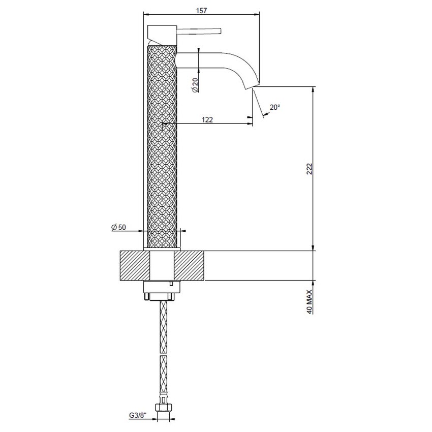 Immagine di Gessi 316 INTRECCIO miscelatore lavabo alto bocca corta senza scarico con flessibili di collegamento, finitura steel brushed 54109#239
