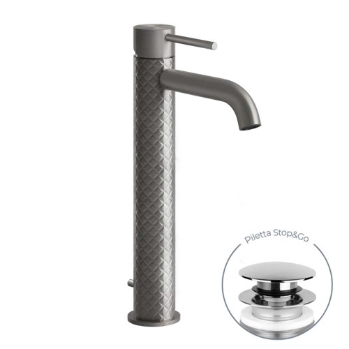 Immagine di Gessi 316 INTRECCIO miscelatore Lavabo alto bocca corta con piletta Stop&Go con flessibili di collegamento, finitura steel brushed 54104#239