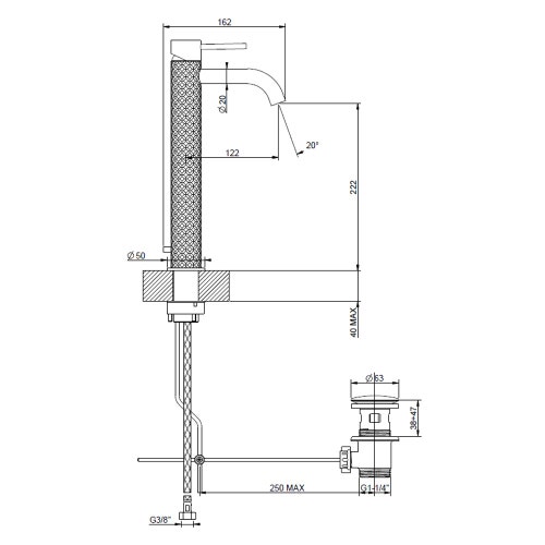Immagine di Gessi 316 INTRECCIO miscelatore Lavabo alto bocca corta con piletta Stop&Go con flessibili di collegamento, finitura steel brushed 54104#239