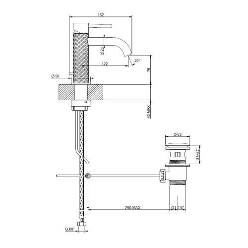 Immagine di Gessi 316 INTRECCIO miscelatore lavabo con scarico con piletta Stop&Go con flessibili di collegamento, finitura steel brushed 54101#239