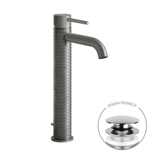 Immagine di Gessi 316 MECCANICA miscelatore lavabo alto bocca corta con piletta Stop&Go con flessibili di collegamento, finitura steel brushed 54204#239