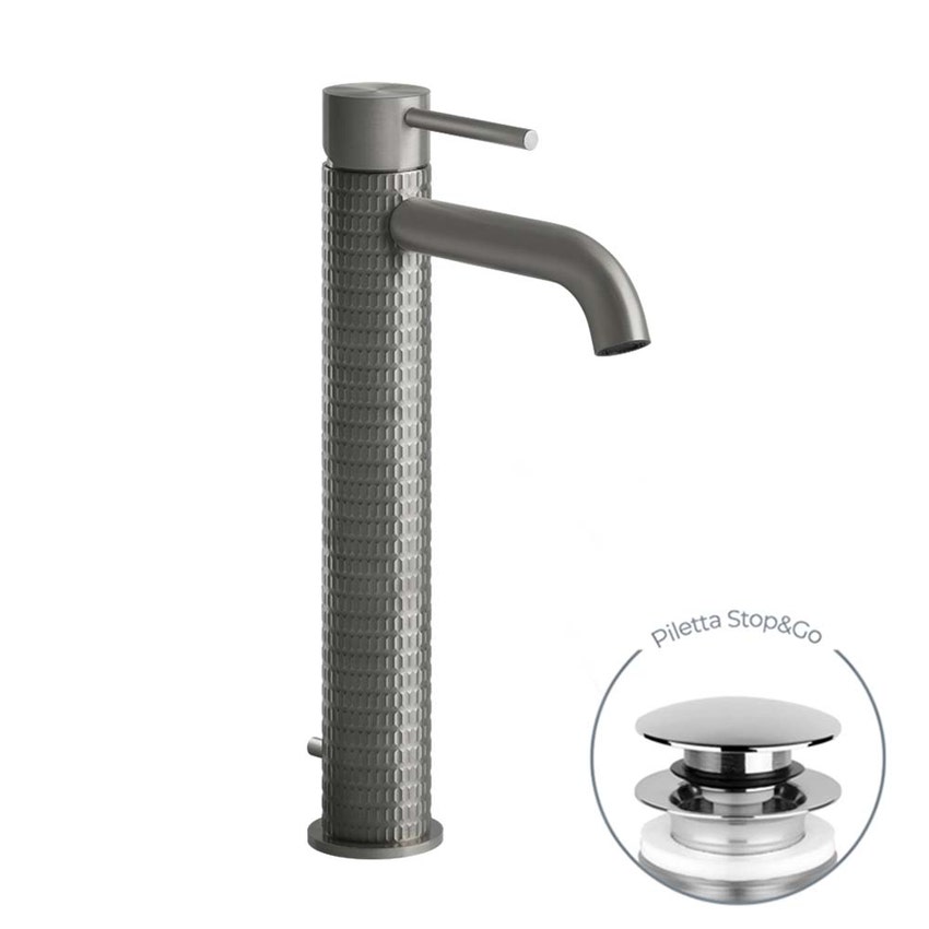 Immagine di Gessi 316 MECCANICA miscelatore lavabo alto bocca corta con piletta Stop&Go con flessibili di collegamento, finitura steel brushed 54204#239