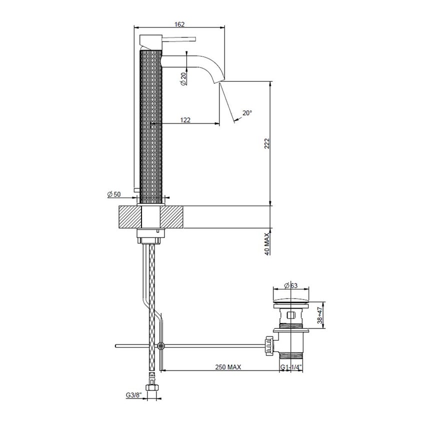 Immagine di Gessi 316 MECCANICA miscelatore lavabo alto bocca corta con piletta Stop&Go con flessibili di collegamento, finitura steel brushed 54204#239