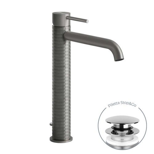 Immagine di Gessi 316 MECCANICA miscelatore lavabo alto bocca lunga con piletta Stop&Go con flessibili di collegamento, finitura steel brushed 54203#239