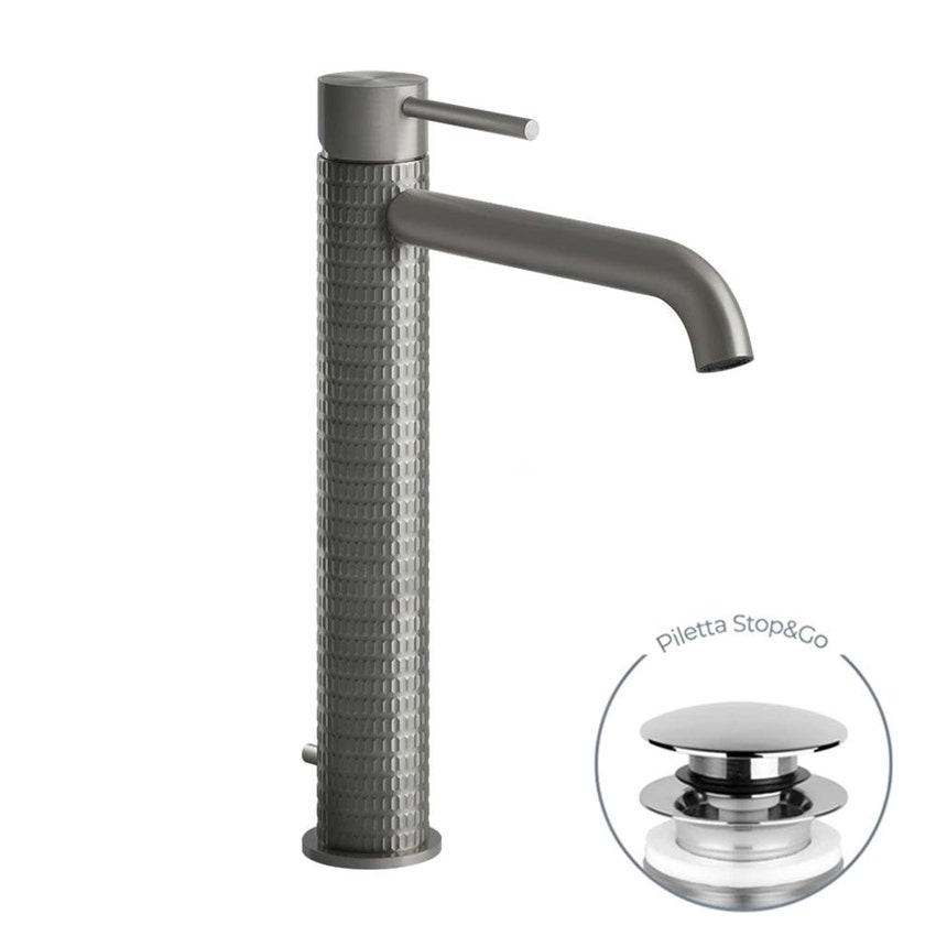 Immagine di Gessi 316 MECCANICA miscelatore lavabo alto bocca lunga con piletta Stop&Go con flessibili di collegamento, finitura steel brushed 54203#239