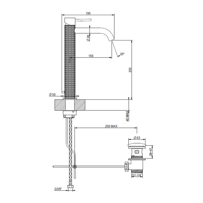 Immagine di Gessi 316 MECCANICA miscelatore lavabo alto bocca lunga con piletta Stop&Go con flessibili di collegamento, finitura steel brushed 54203#239