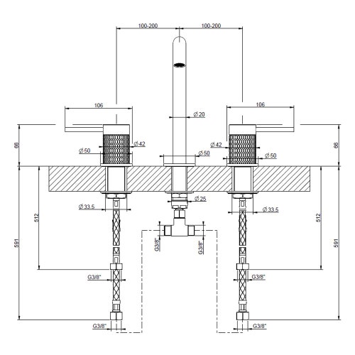 Immagine di Gessi 316 MECCANICA gruppo lavabo 3 fori con bocca senza scarico con flessibili di collegamento, finitura steel brushed 54212#239