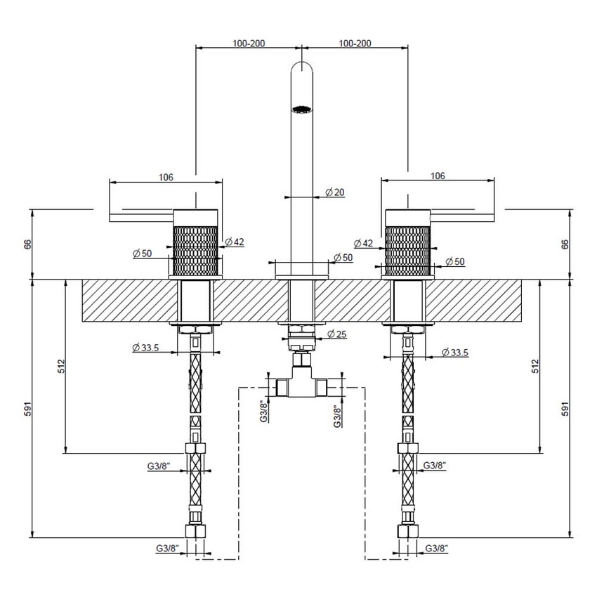 Immagine di Gessi 316 MECCANICA gruppo lavabo 3 fori con bocca senza scarico con flessibili di collegamento, finitura steel brushed 54212#239