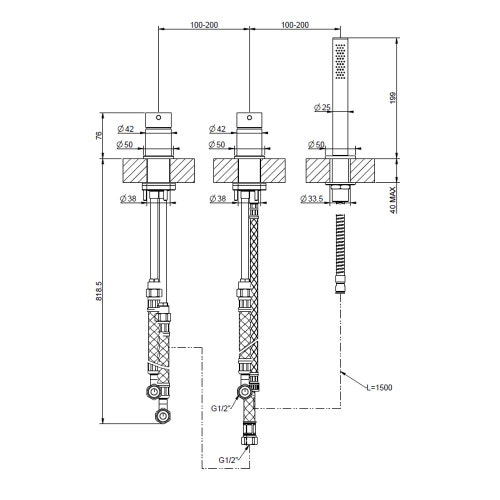 Immagine di Gessi 316 gruppo bordo vasca a tre fori, con deviatore, flessibile 1,50 m e doccetta anticalcare, finitura steel brushed 54043#239