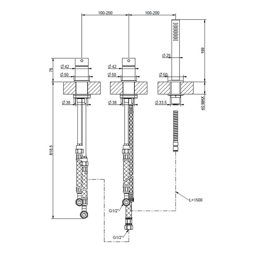 Immagine di Gessi 316 gruppo bordo vasca a tre fori, con deviatore, flessibile 1,50 m e doccetta anticalcare, finitura steel brushed 54043#239