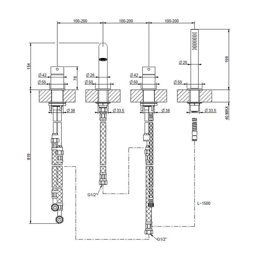 Immagine di Gessi 316 gruppo bordo vasca 4 fori con bocca di erogazione, deviatore, flessibile 1,50 m e doccetta anticalcare, finitura steel brushed 54037#239
