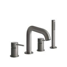 Immagine di Gessi 316 gruppo bordo vasca 4 fori con bocca di erogazione, deviatore, flessibile 1,50 m e doccetta anticalcare, finitura steel brushed 54037#239
