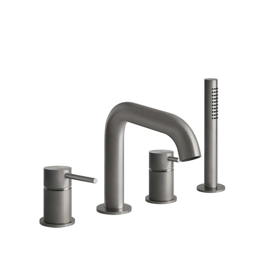 Immagine di Gessi 316 gruppo bordo vasca 4 fori con bocca di erogazione, deviatore, flessibile 1,50 m e doccetta anticalcare, finitura steel brushed 54037#239
