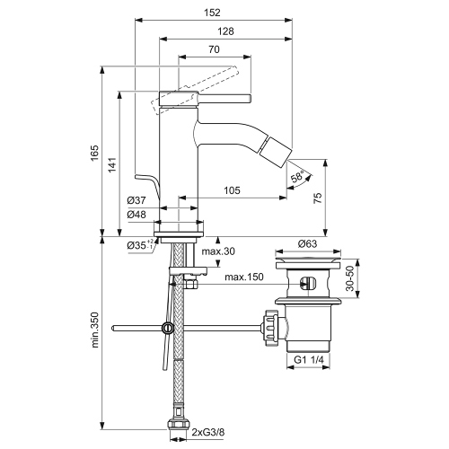 Immagine di Ideal Standard CERALINE miscelatore monocomando H.14 cm per bidet, con asta di comando e scarico piletta da 1-1/4", finitura cromo BD765AA
