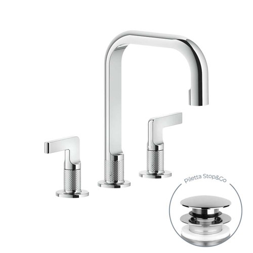 Immagine di Gessi INCISO- gruppo lavabo H.24 cm, tre fori, con piletta Stop&Go e flessibili di collegamento, finitura black metal brushed PVD 58013#031