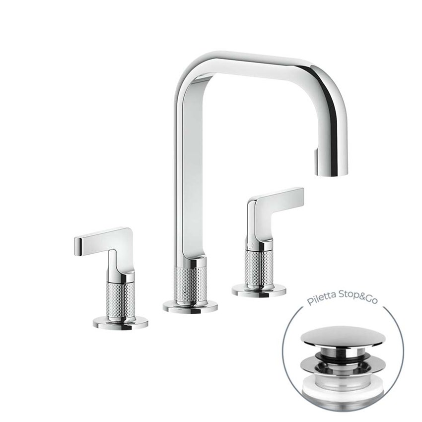Immagine di Gessi INCISO- gruppo lavabo H.24 cm, tre fori, con piletta Stop&Go e flessibili di collegamento, finitura black metal brushed PVD 58013#031