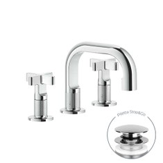 Immagine di Gessi INCISO+ gruppo lavabo H.15 cm, tre fori, con piletta Stop&Go e flessibili di collegamento, finitura cromo 58111#031