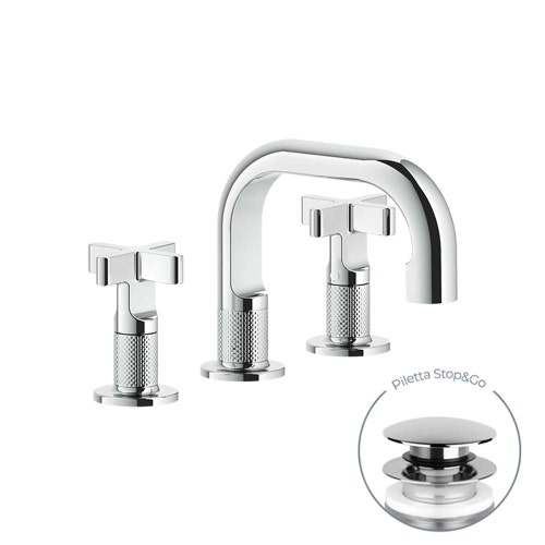 Immagine di Gessi INCISO+ gruppo lavabo H.15 cm, tre fori, con piletta Stop&Go e flessibili di collegamento, finitura cromo 58111#031