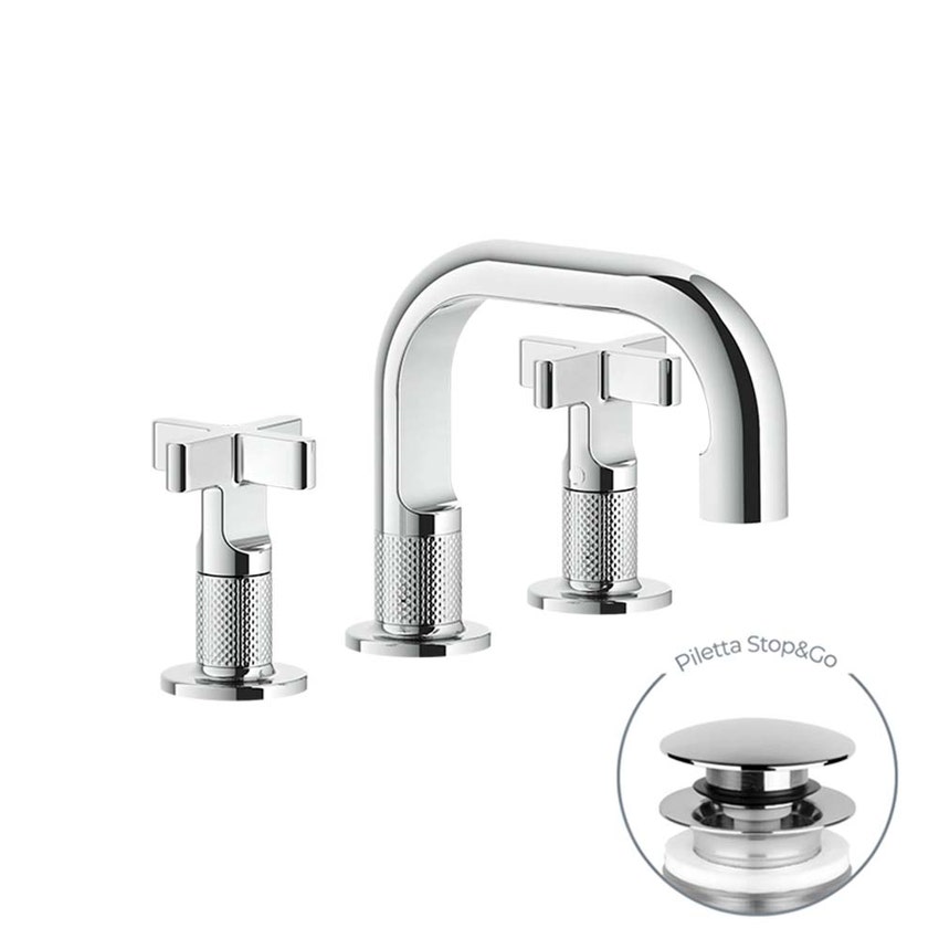 Immagine di Gessi INCISO+ gruppo lavabo H.15 cm, tre fori, con piletta Stop&Go e flessibili di collegamento, finitura cromo 58111#031