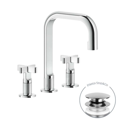 Immagine di Gessi INCISO+ gruppo lavabo H.24 cm, tre fori, con piletta Stop&Go e flessibili di collegamento, finitura cromo 58113#031