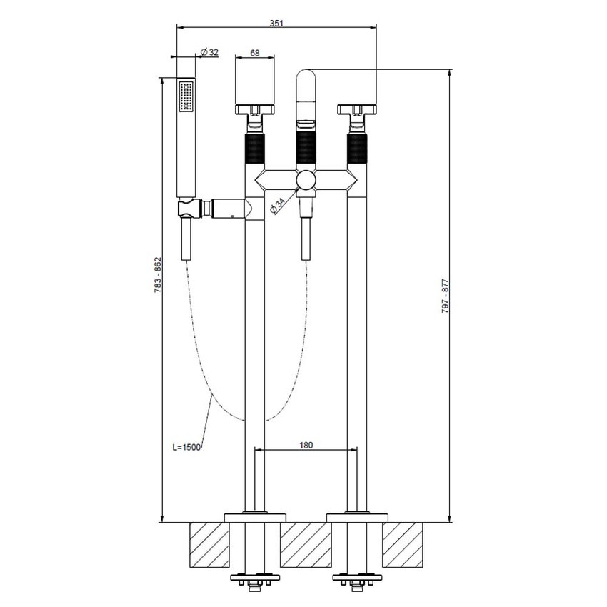 Immagine di Gessi INCISO+ piantana esterno vasca, con doccetta e deviatore automatico, finitura cromo 58129#031