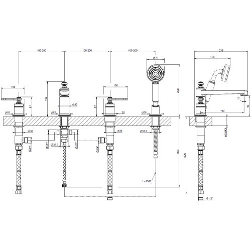 Immagine di Gessi VENTI20 gruppo bordo vasca 4 fori con bocca di erogazione, deviatore, flessibile 1,50 m e doccetta anticalcare, finitura cromo 65045#031