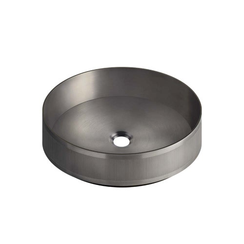 Immagine di Gessi TOTAL LOOK lavabo in acciaio d'appoggio RIGATO senza troppopieno Ø 40 cm. piletta non inclusa, abbinabile a piletta 54599, finitura steel brushed 65601#239