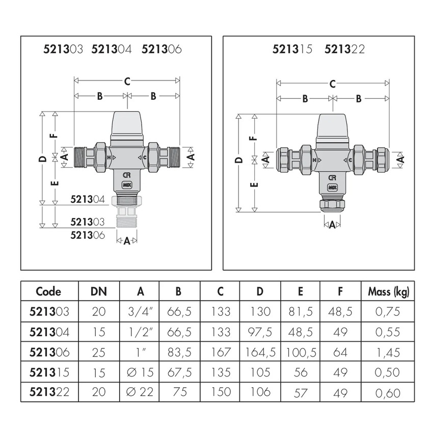 Immagine di Caleffi Miscelatore termostatico regolabile 1/2" 30÷50°C con valvola ritegno 521304