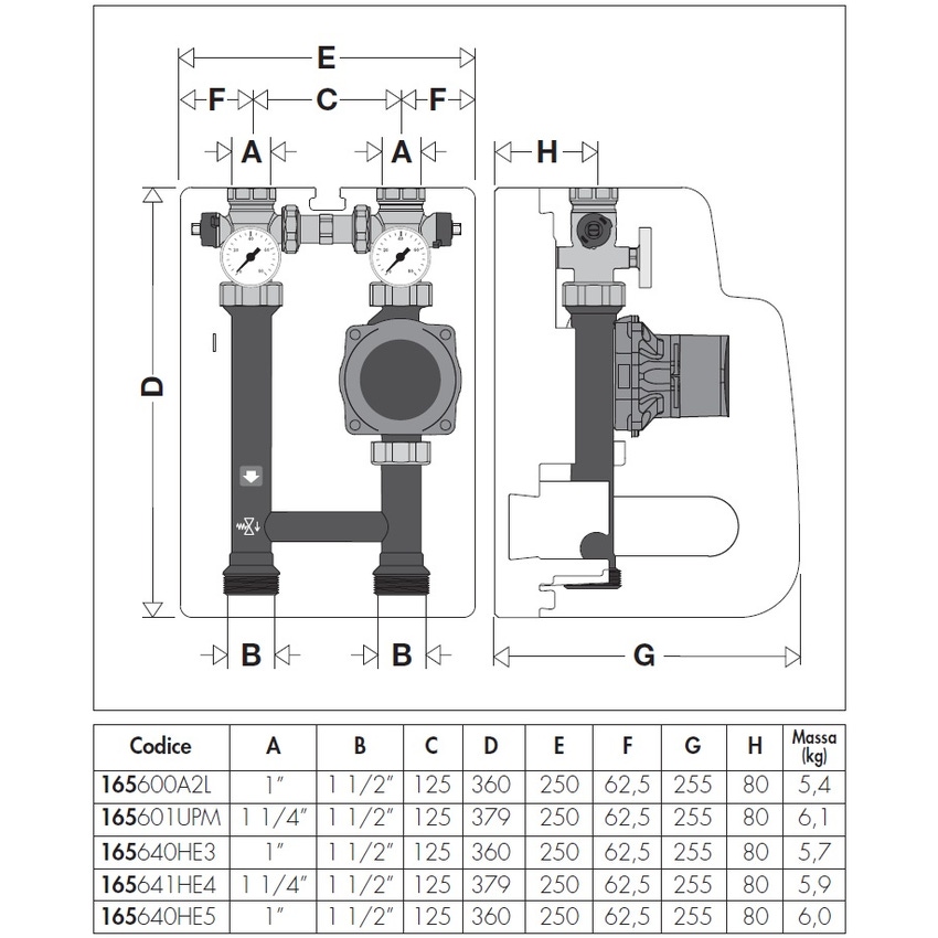 Immagine di Caleffi gruppo di distribuzione DN 25 diretta per impianti di riscaldamento e condizionamento con pompa EVOSTA2 70/130, Interasse 125 mm (Reversibile DX - SX) 165640HE5