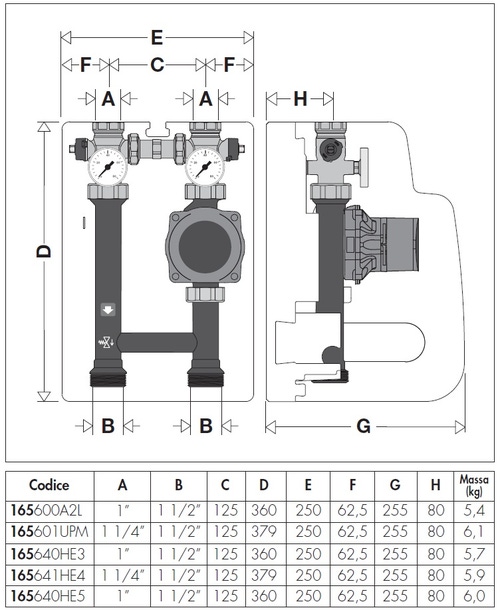 Immagine di Caleffi gruppo di distribuzione DN 25 diretta per impianti di riscaldamento e condizionamento con pompa UPM3K Auto 25-70, Interasse 125 mm (Reversibile DX - SX) 165600A2L