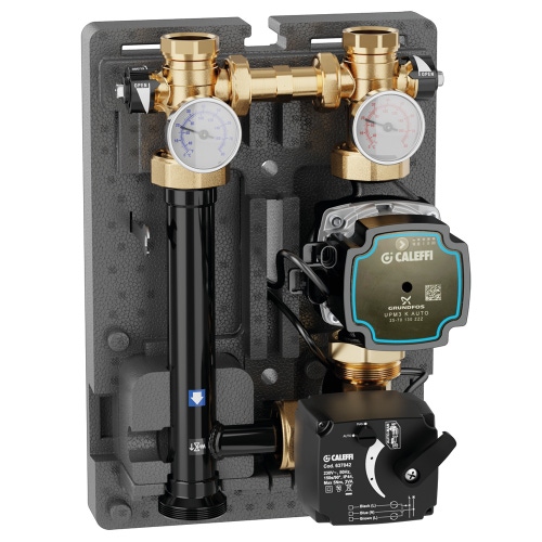 Immagine di Caleffi gruppo di regolazione motorizzato DN 25 per impianti di riscaldamento e condizionamento con pompa UPM3K Auto 25-70, Interasse 125 mm, servomotore con segnale di comando 0–10 V (Reversibile DX - SX) 167654HE1