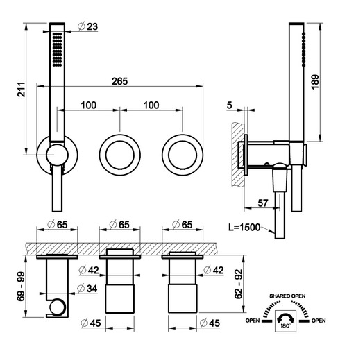 Immagine di Gessi HABITO TRAME miscelatore doccia a parete due vie con deviatore, presa acqua, supporto doccetta e doccetta, finitura cromo 70338#031