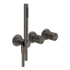 Immagine di Gessi HABITO TRAME miscelatore doccia a parete due vie con deviatore, presa acqua, supporto doccetta e doccetta, finitura black metal brushed PVD 70338#707