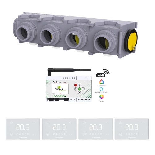 Immagine di Tecnosystemi PROAIR PACK RF AMBRA 4 con plenum EOLO MINI, centralina Polaris 5X e 4 termostati MINI LED GAD400507