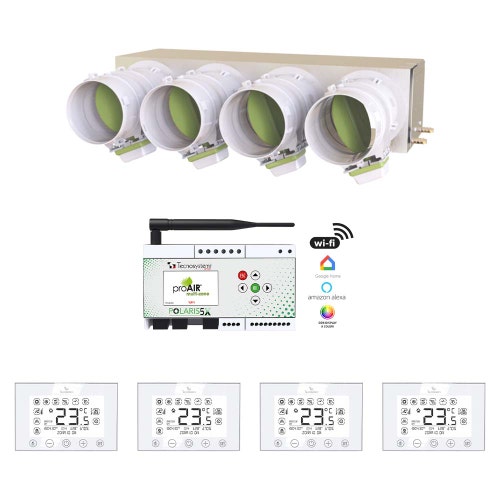 Immagine di Tecnosystemi PROAIR PACK CAB LILLA 4L kit per gestione multi-zona, con plenum in lamiera coibentata e 4 serrande motorizzate Ø 20 cm GAD400404