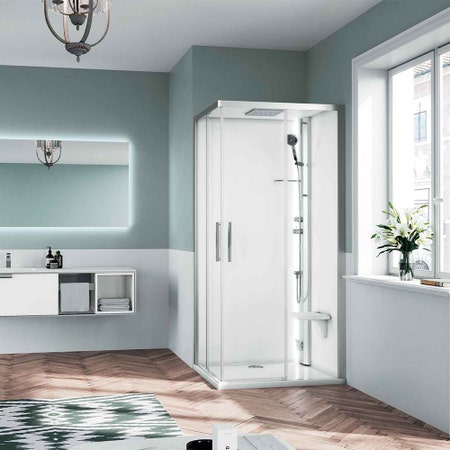 Immagine di Novellini GLAX 1 A cabina doccia multifunzione asimmetrica a destra, con 2 ante scorrevoli, miscelatore termostatico e tettuccio con soffione standard, colorazione silver G21A108DTF-1BB