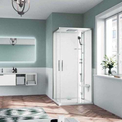 Immagine di Novellini GLAX 1 A cabina doccia multifunzione asimmetrica a destra, con 2 ante scorrevoli, miscelatore termostatico e tettuccio con soffione standard, colorazione silver G21A108DTF-1BB