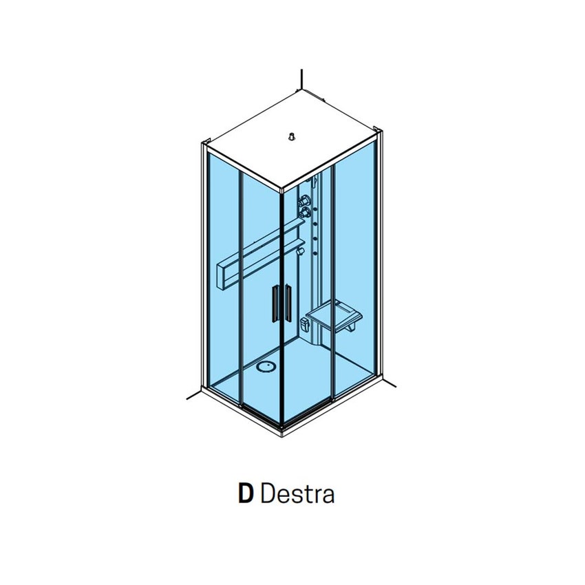 Immagine di Novellini GLAX 1 A cabina doccia multifunzione asimmetrica a destra, con 2 ante scorrevoli, miscelatore termostatico e tettuccio con soffione standard, colorazione silver G21A108DTF-1BB