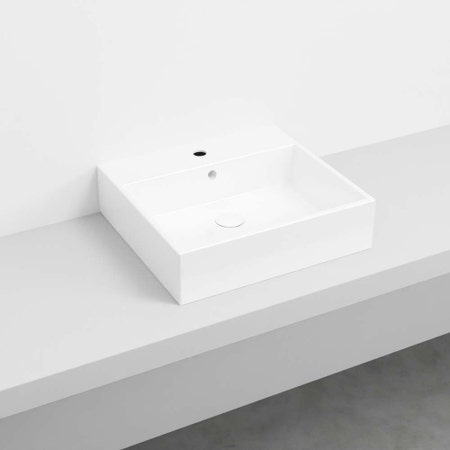Immagine di Cielo SMILE lavabo rettangolare 50 cm, sospeso / da appoggio, con un foro e 3 fori predisposti, colore bianco finitura lucido SMLAA50