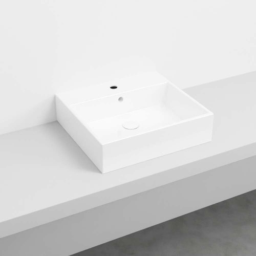 Immagine di Cielo SMILE lavabo rettangolare 50 cm, sospeso / da appoggio, con un foro e 3 fori predisposti, colore bianco finitura lucido SMLAA50