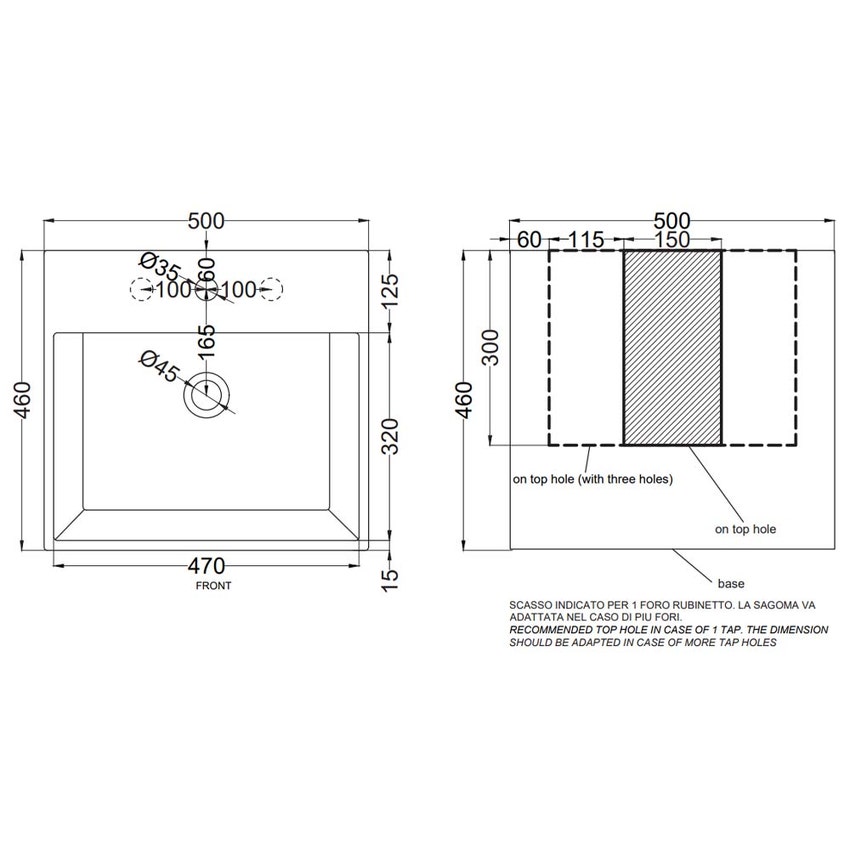 Immagine di Cielo SMILE lavabo rettangolare 50 cm, sospeso / da appoggio, con un foro e 3 fori predisposti, colore bianco finitura lucido SMLAA50