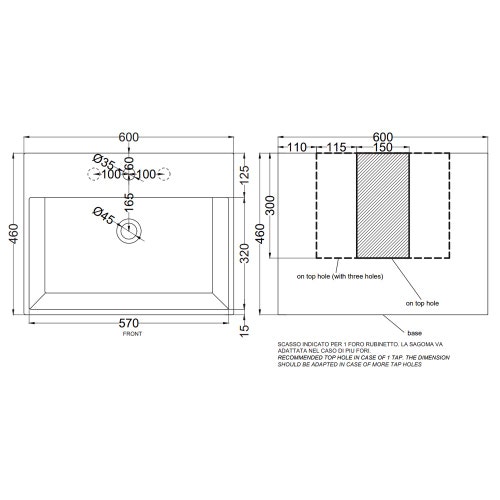 Immagine di Cielo SMILE lavabo rettangolare 60 cm, sospeso / da appoggio, con un foro e 3 fori predisposti, colore bianco finitura lucido SMLAA60