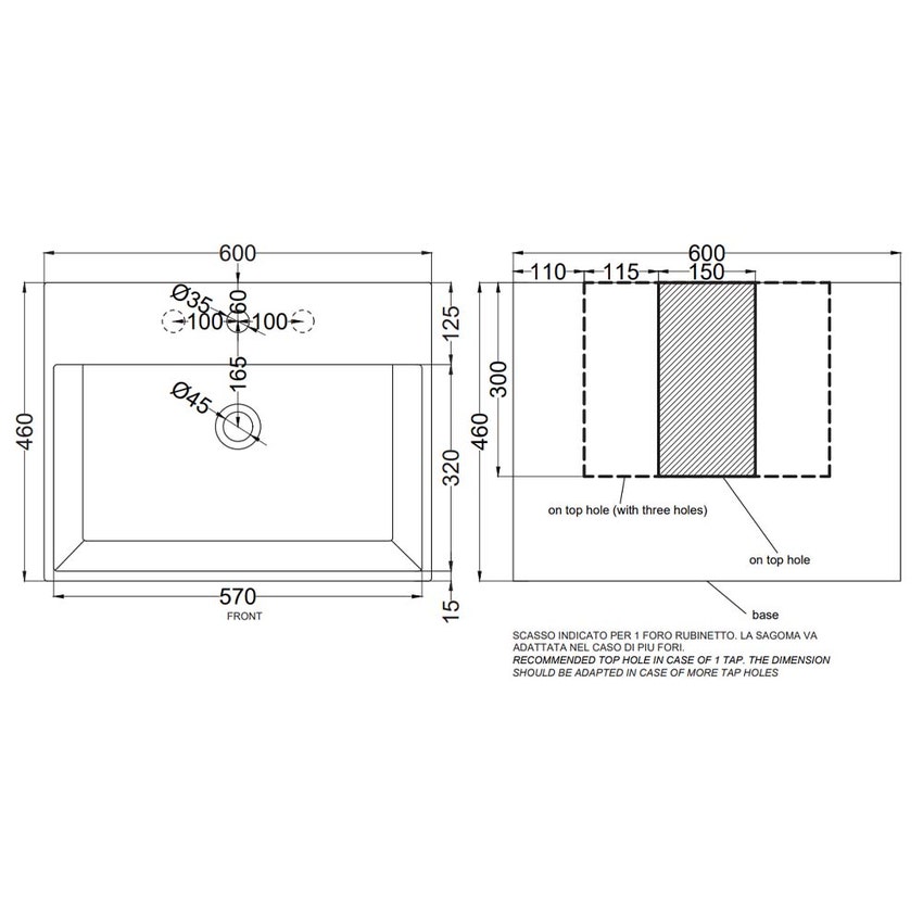 Immagine di Cielo SMILE lavabo rettangolare 60 cm, sospeso / da appoggio, con un foro e 3 fori predisposti, colore bianco finitura lucido SMLAA60