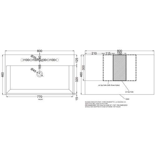 Immagine di Cielo SMILE lavabo rettangolare 80 cm, sospeso / da appoggio, con un foro e 5 fori predisposti, colore bianco finitura lucido SMLAA80