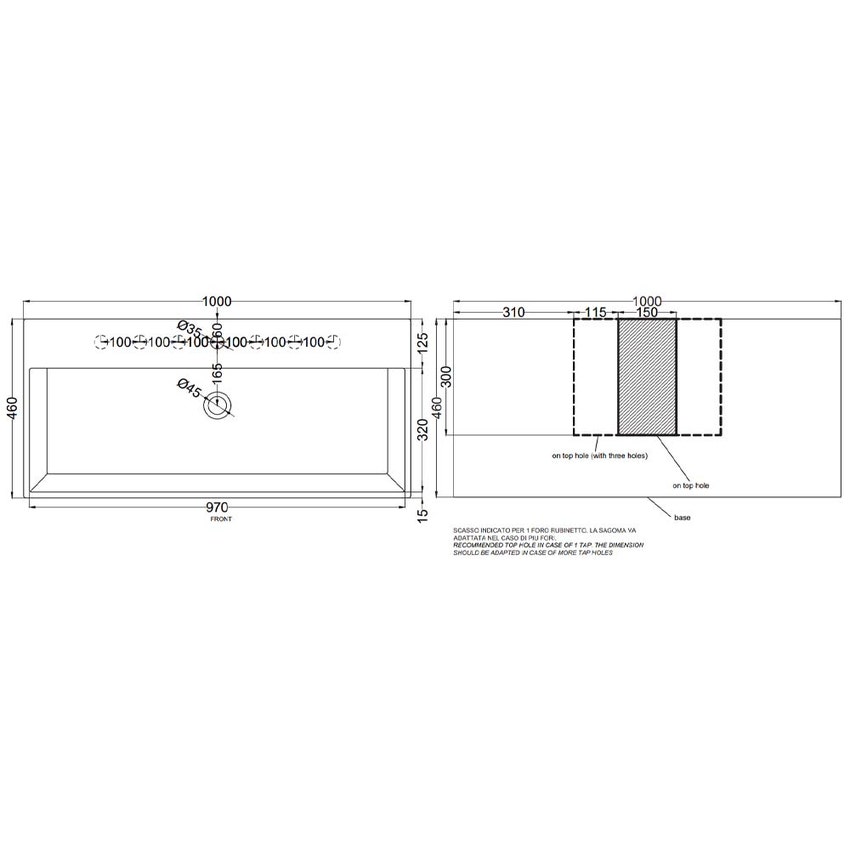 Immagine di Cielo SMILE lavabo rettangolare 100 cm, sospeso / da appoggio, con un foro e 7 fori predisposti, colore bianco finitura lucido SMLAA100